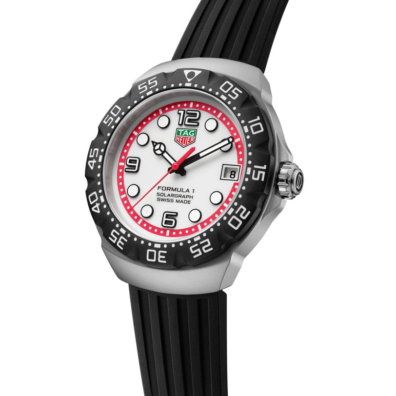 TAG Heuer Formula 1 Solargraph watch featuring a white dial, black bezel with red accents, and a black rubber strap.