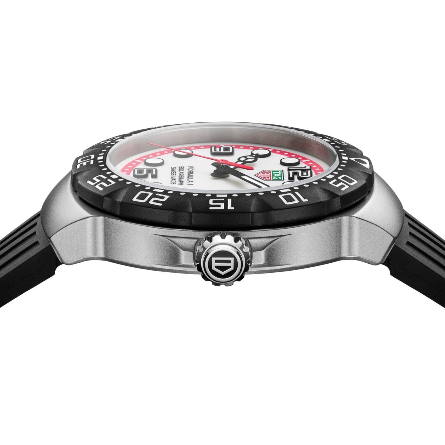 Side view of a TAG Heuer Formula 1 Solargraph wristwatch with a white dial and black bezel on a black strap.