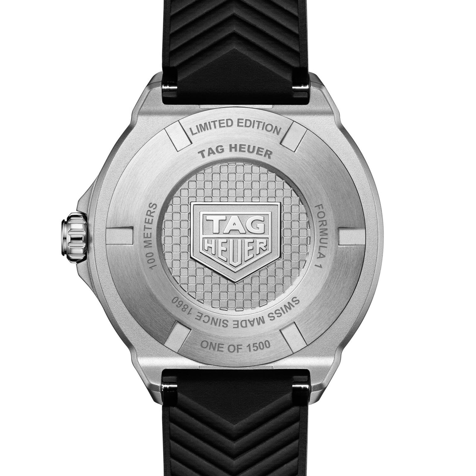 Back of a TAG Heuer Formula 1 Solargraph watch with engraved logo, edition details, and a black textured rubber strap.