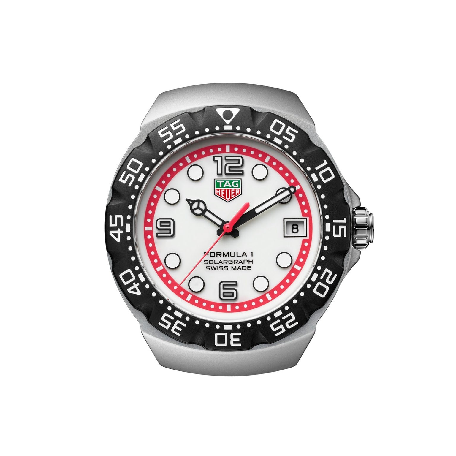 The TAG Heuer Formula 1 Solargraph features a white dial, black bezel, red accents, and a silver case.