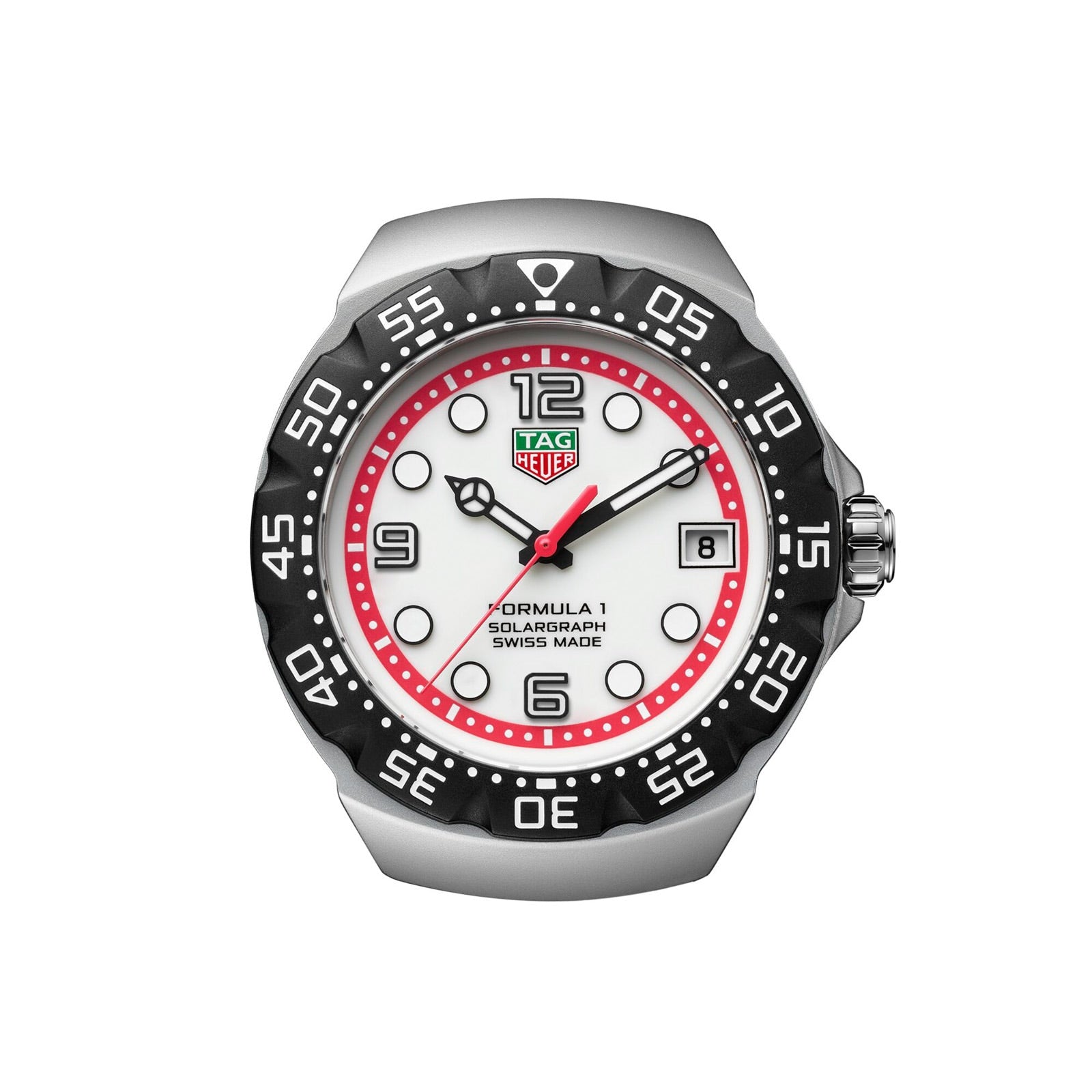 The TAG Heuer Formula 1 Solargraph features a white dial, black bezel, red accents, and a silver case.