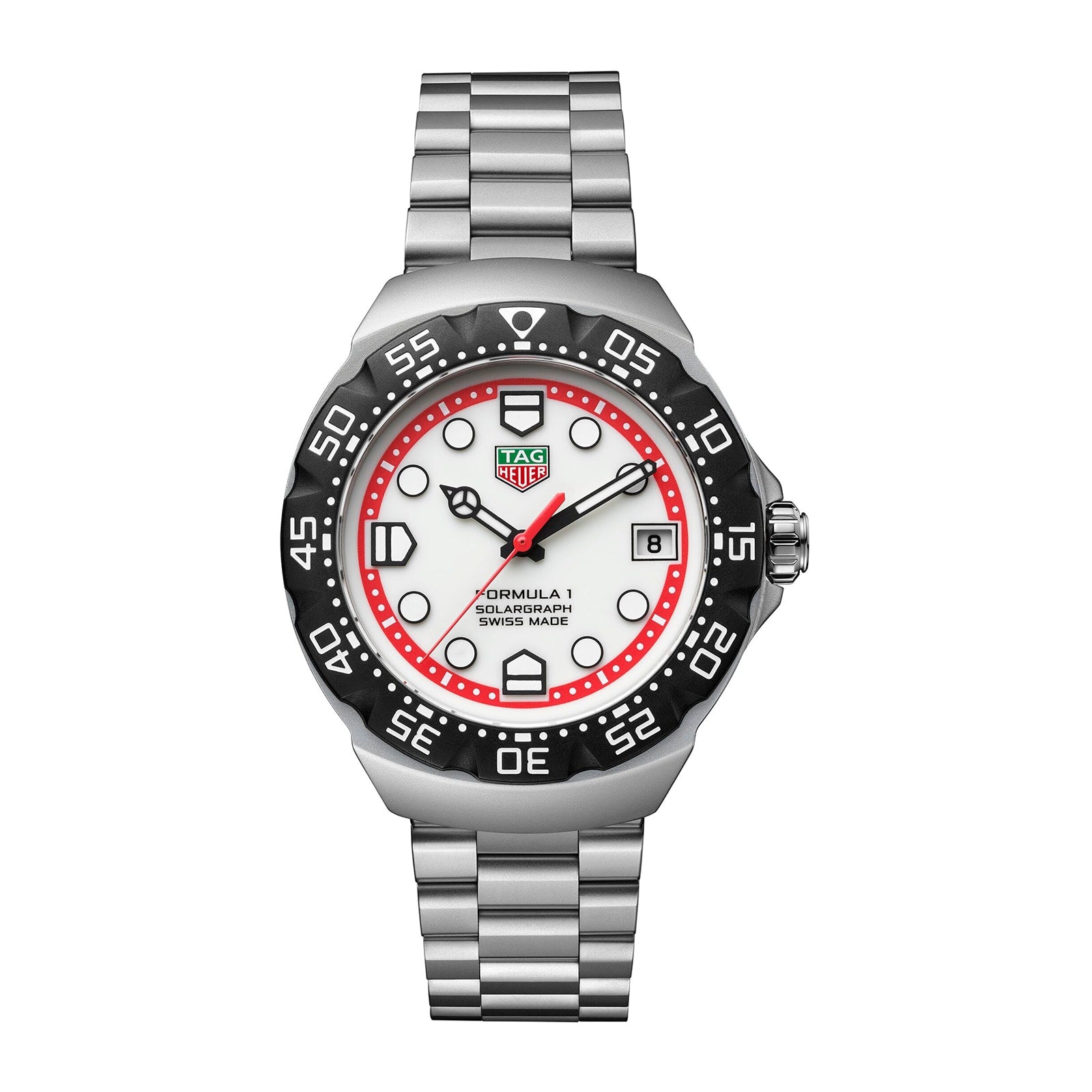 The TAG Heuer Formula 1 Solargraph is a silver watch featuring a white and red dial, black bezel, and metal bracelet.