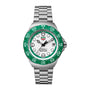 The TAG Heuer Formula 1 Solargraph features a silver metal band, green bezel, white dial, and bold hour markers.