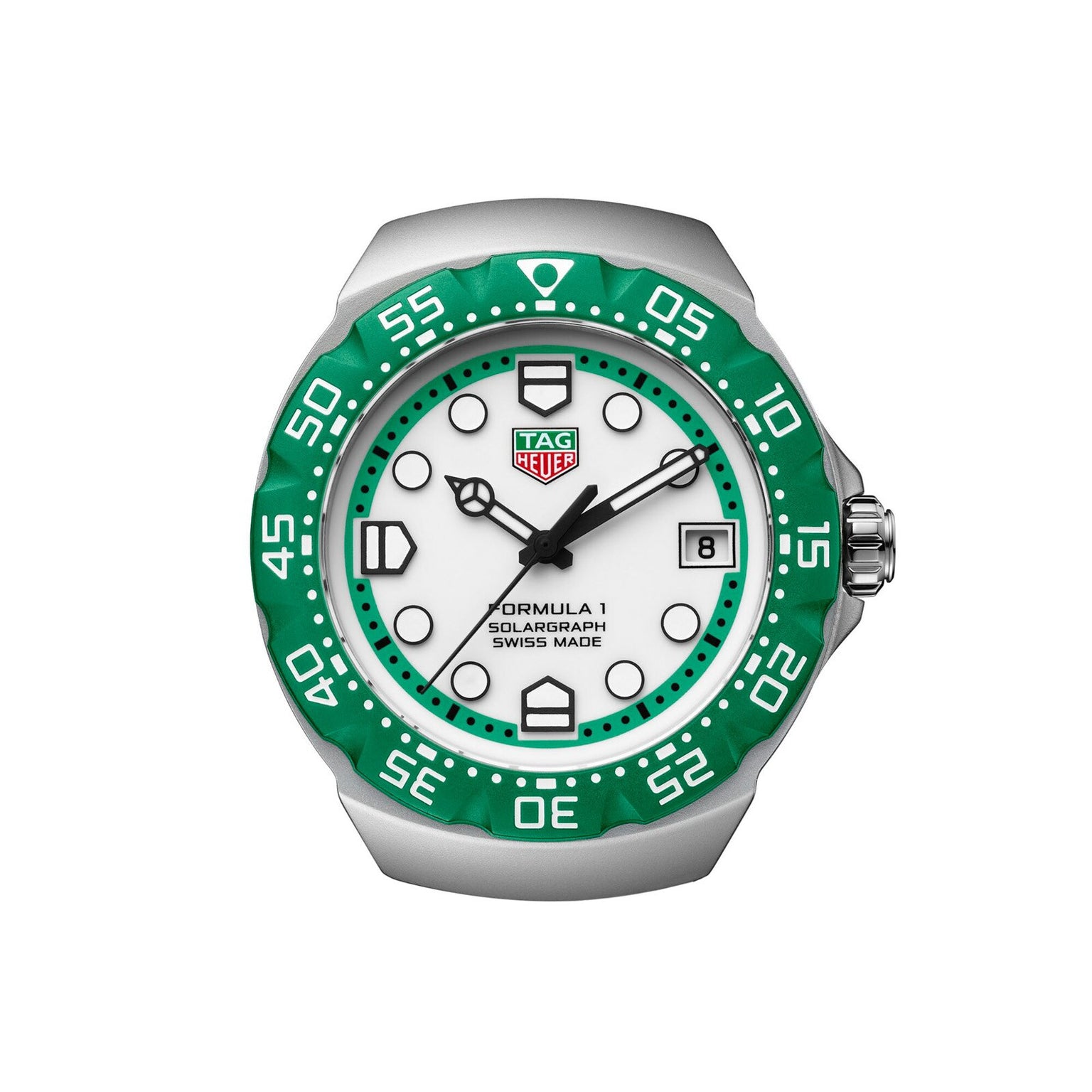 TAG Heuer Formula 1 Solargraph watch featuring a green bezel and white dial, showing the time at 10:09.