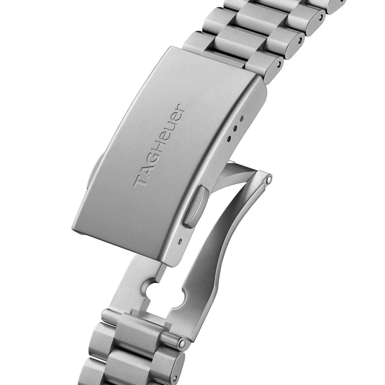 The TAG Heuer Formula 1 Solargraph watch features a silver clasp and bracelet, shown partially open on a white background.