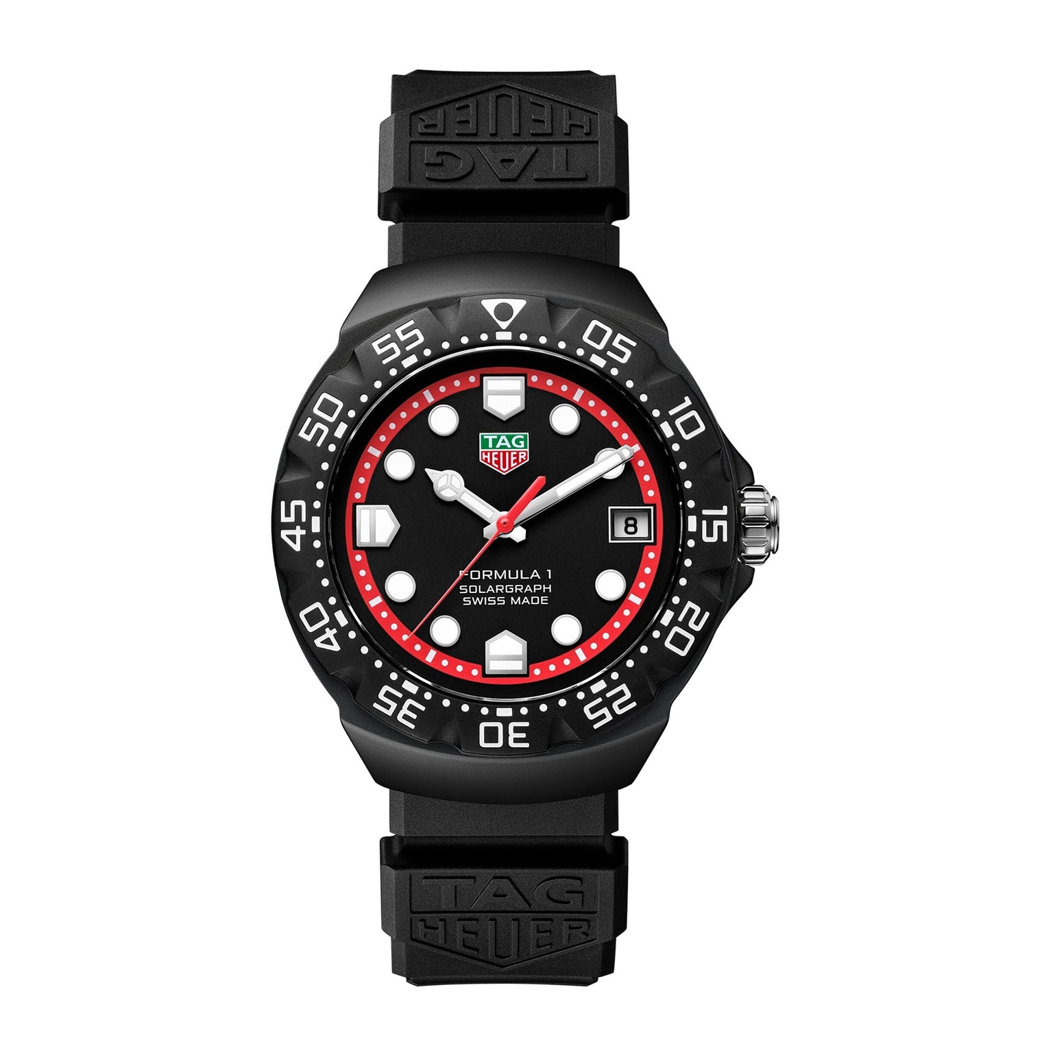 TAG Heuer Formula 1 Solargraph with black strap, red and black bezel, and date display at 3 o’clock.