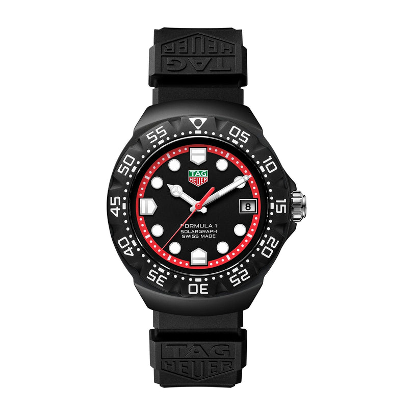 TAG Heuer Formula 1 Solargraph with black strap, red and black bezel, and date display at 3 o’clock.