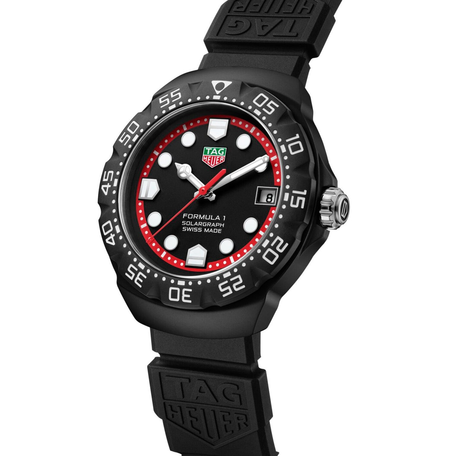 The TAG Heuer Formula 1 Solargraph watch features a black band, red accents, and bold white markers on its dial.