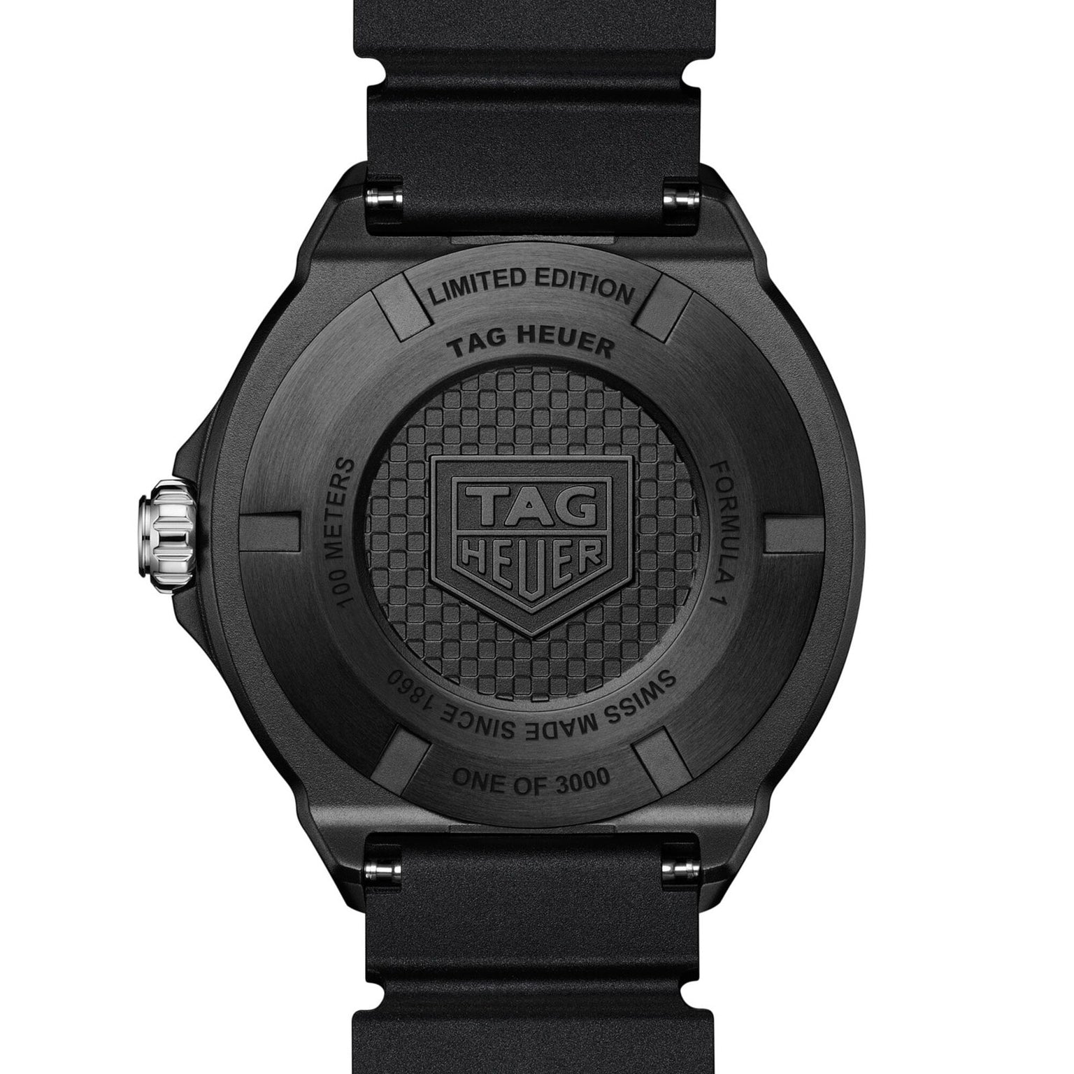 Back view of the TAG Heuer Formula 1 Solargraph watch in black, featuring the brand logo, limited edition marking, and “ONE OF 3000” engraving.