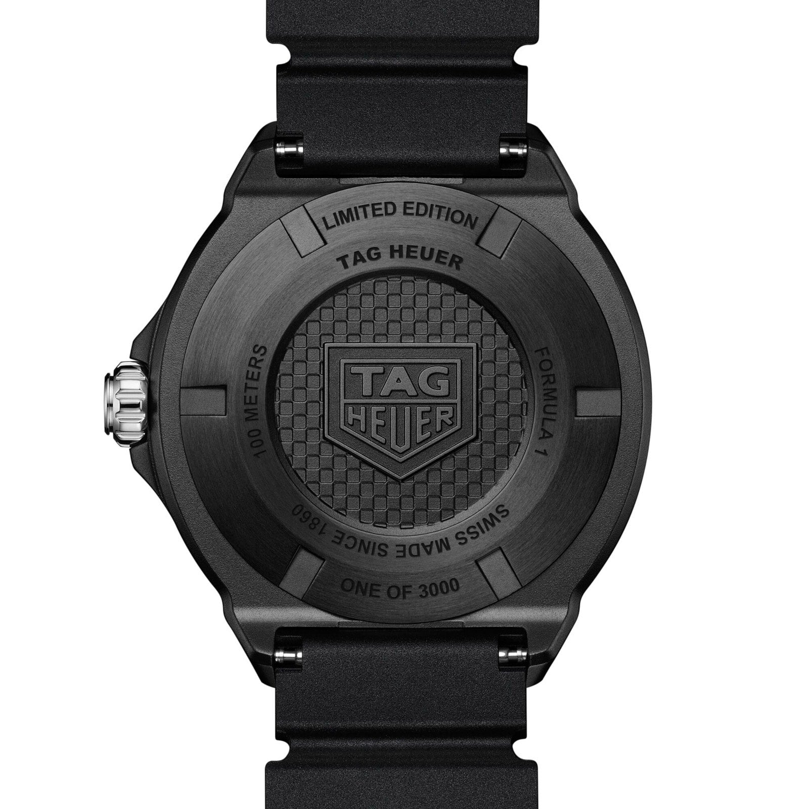 Back view of the TAG Heuer Formula 1 Solargraph watch in black, featuring the brand logo, limited edition marking, and “ONE OF 3000” engraving.