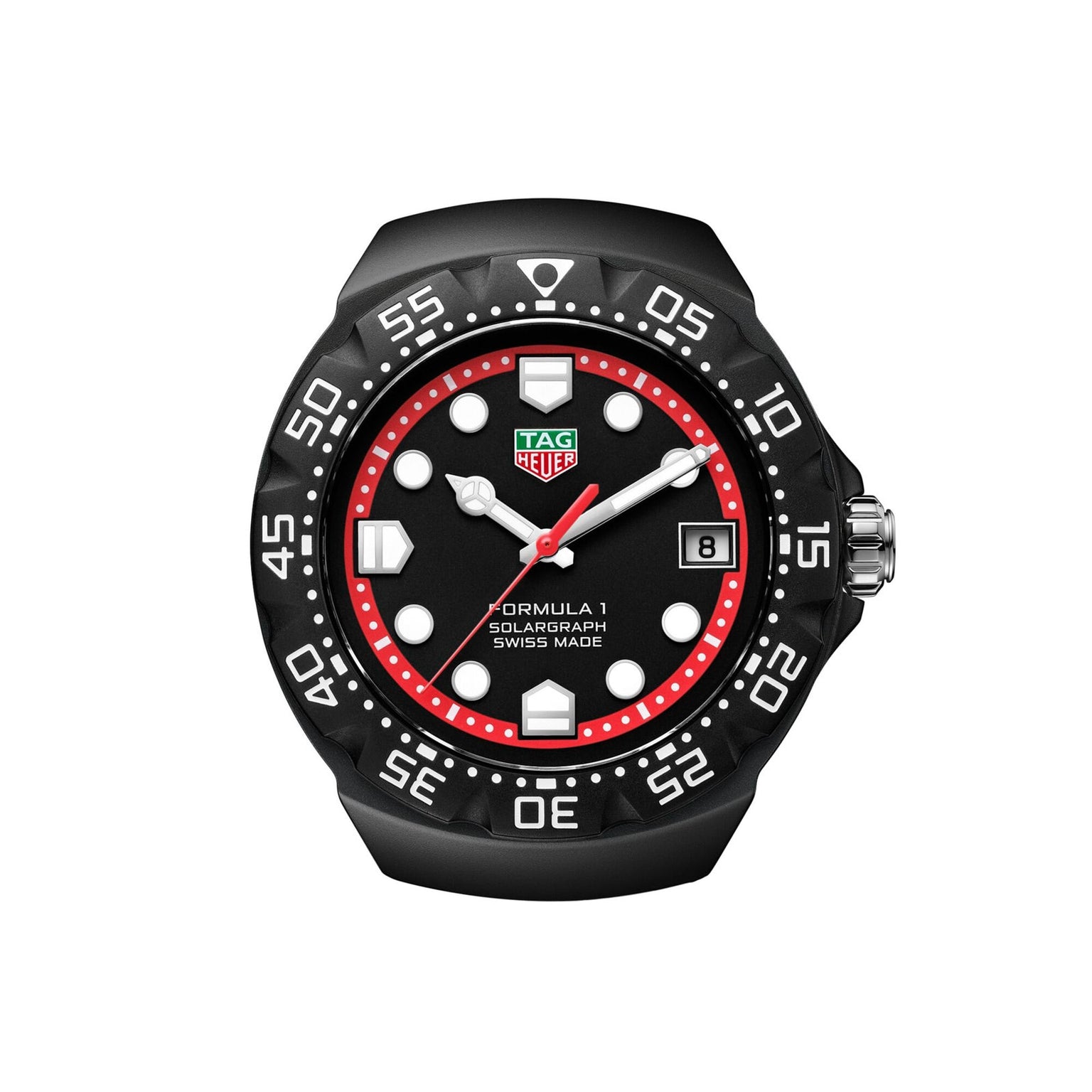 The TAG Heuer Formula 1 Solargraph features a black bezel, red accents, and white markers set against a white background.