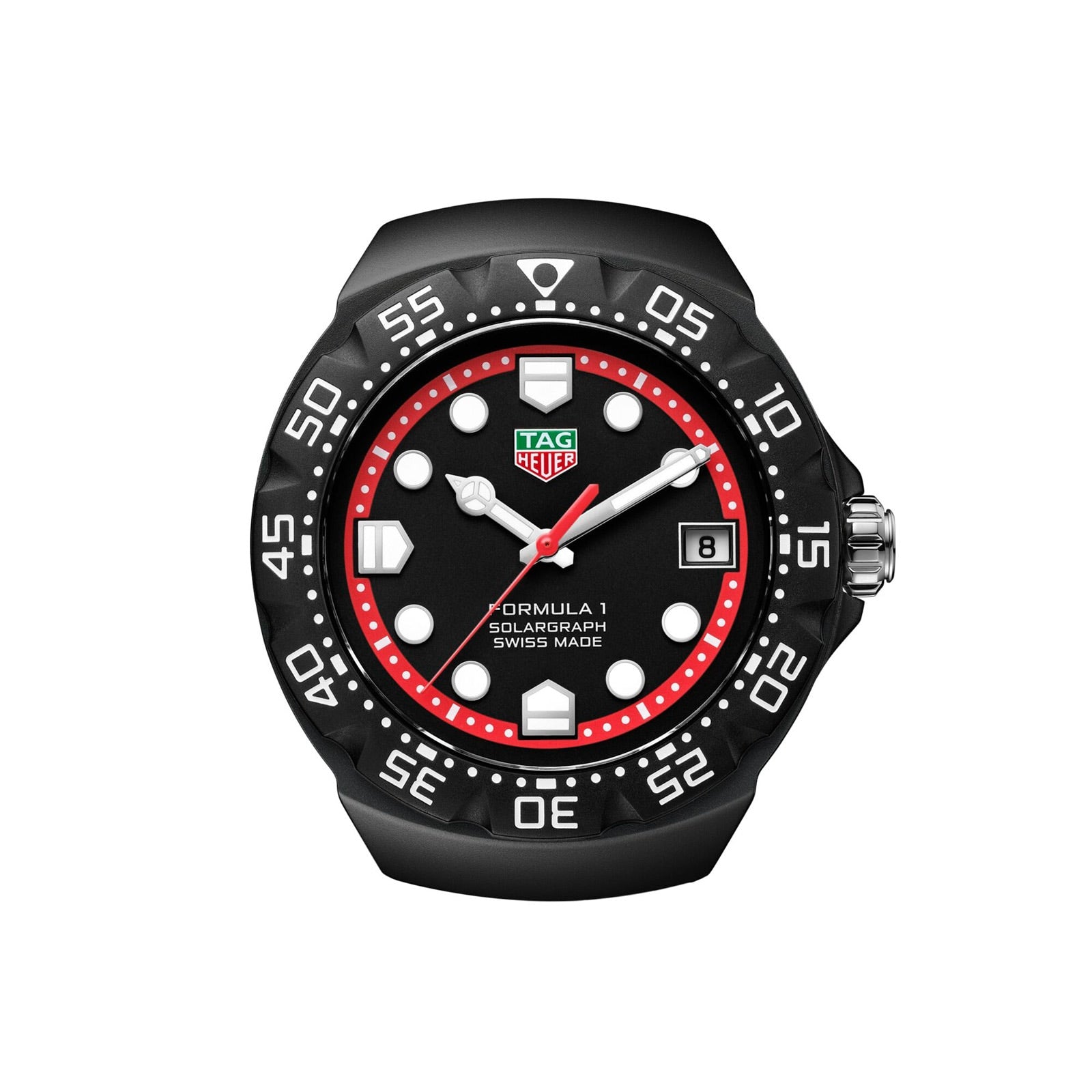 The TAG Heuer Formula 1 Solargraph features a black bezel, red accents, and white markers set against a white background.
