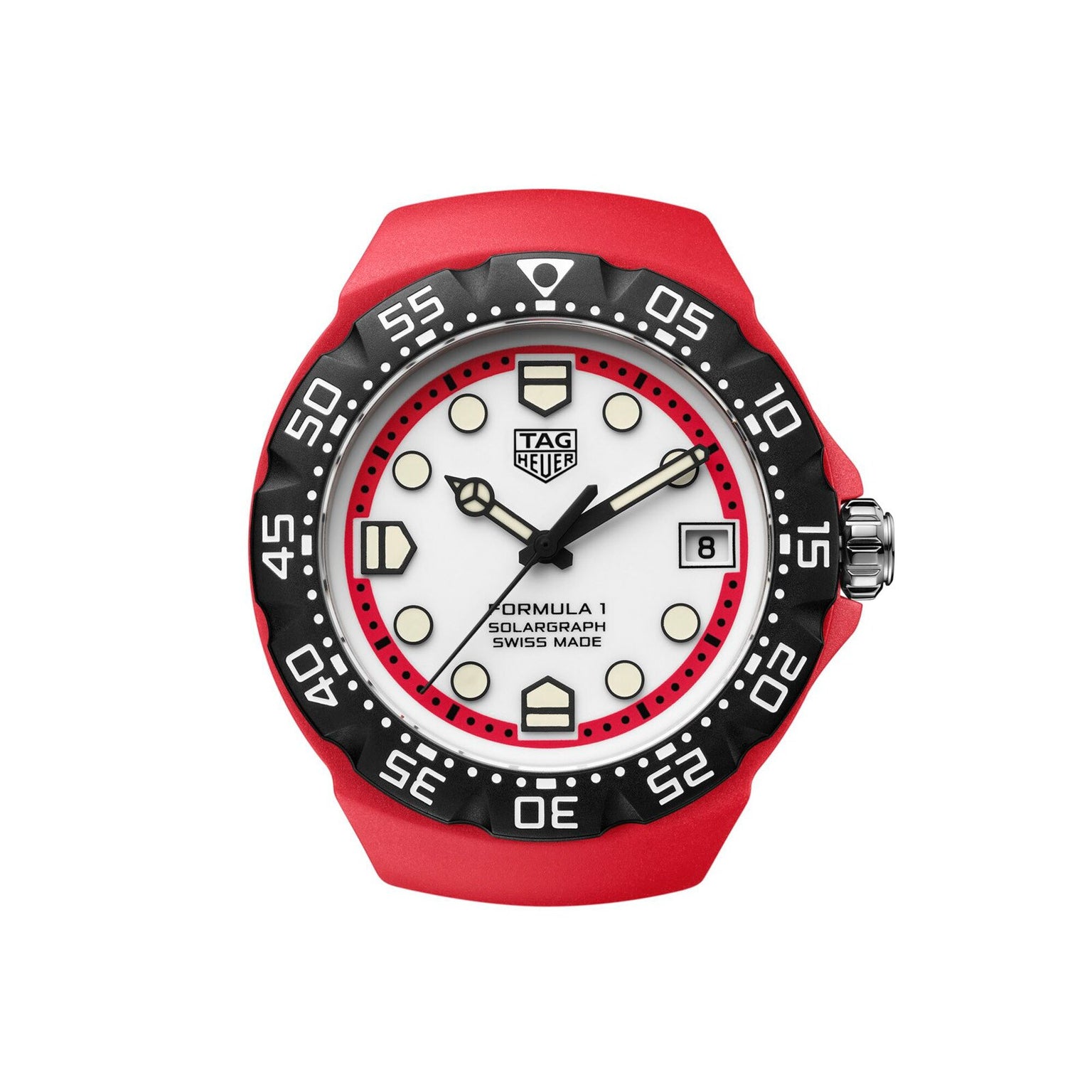 Red TAG Heuer Formula 1 Solargraph watch with a white face, black bezel, bold hour markers, and showing 10:10.
