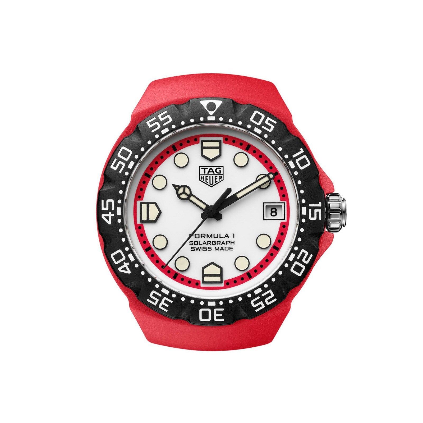 Red TAG Heuer Formula 1 Solargraph watch with a white face, black bezel, bold hour markers, and showing 10:10.