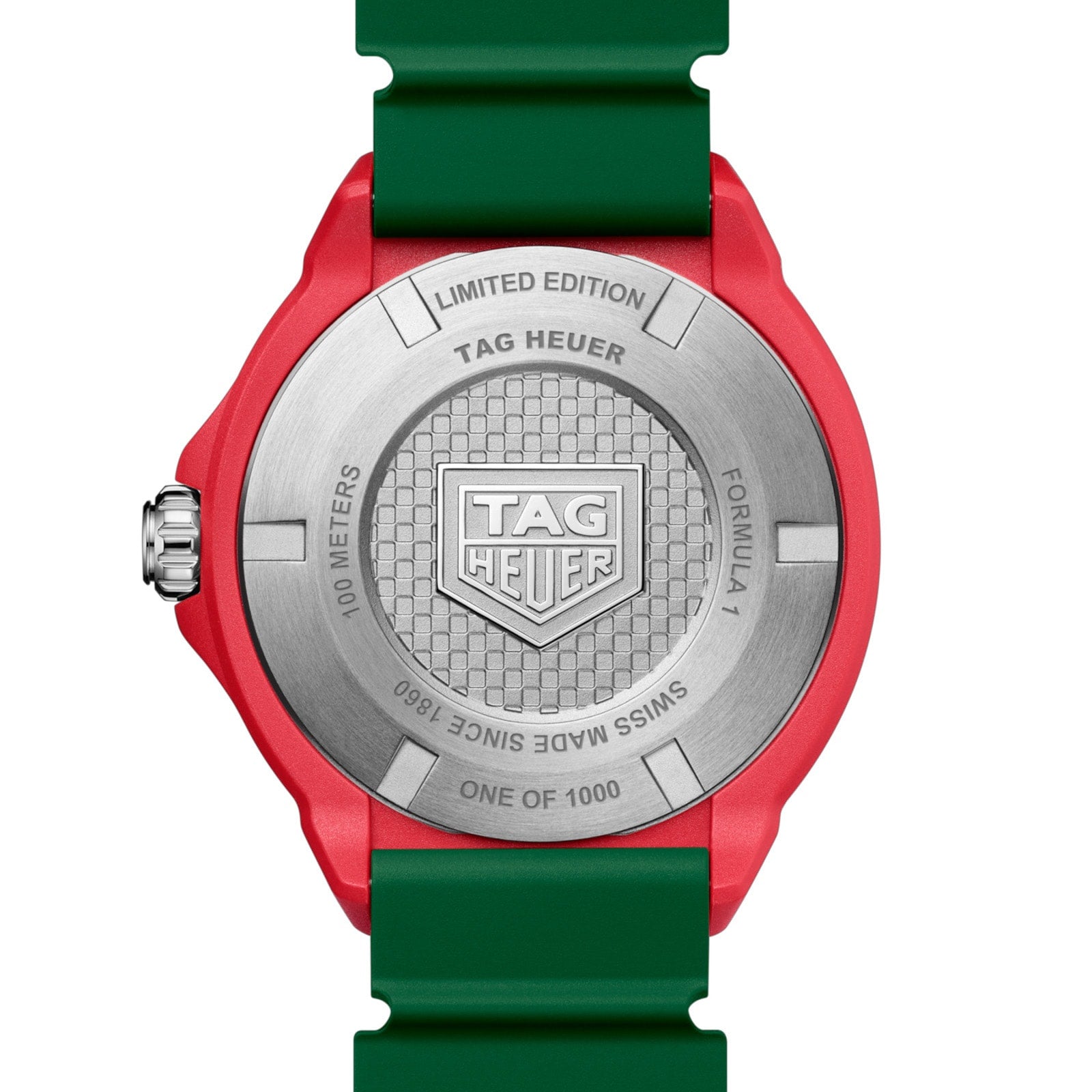 Back of a TAG Heuer Formula 1 Solargraph watch with red case, green strap, and engraved text One of 1000.
