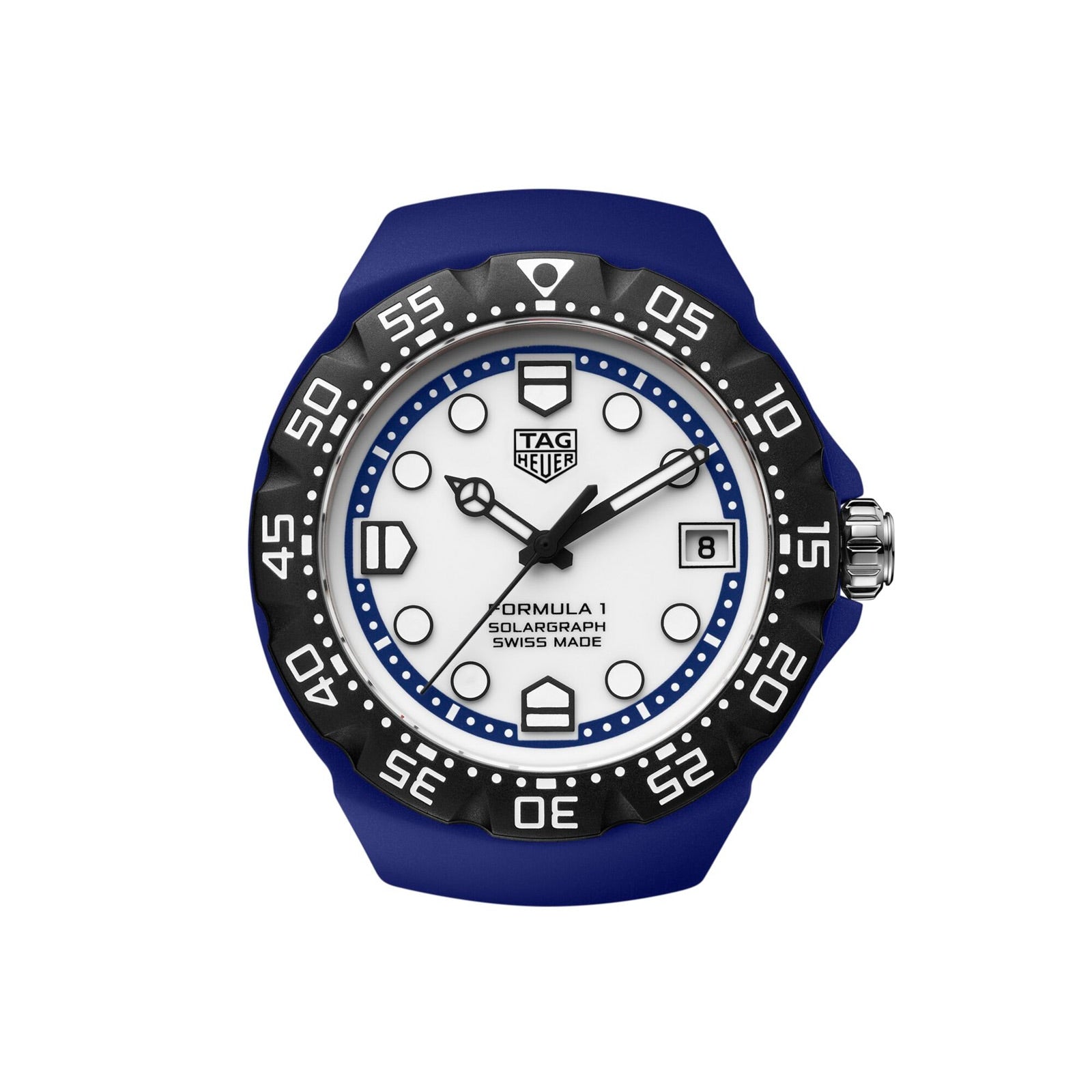 Blue and black TAG Heuer Formula 1 Solargraph watch featuring a white dial, black bezel, and displaying the time 10:10.