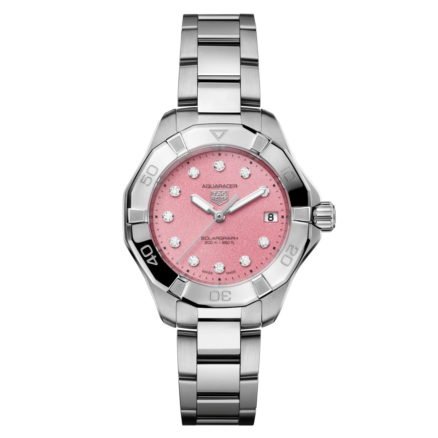 Silver TAG Heuer Professional 200 Solargraph watch featuring a pink textured dial and diamond hour markers.