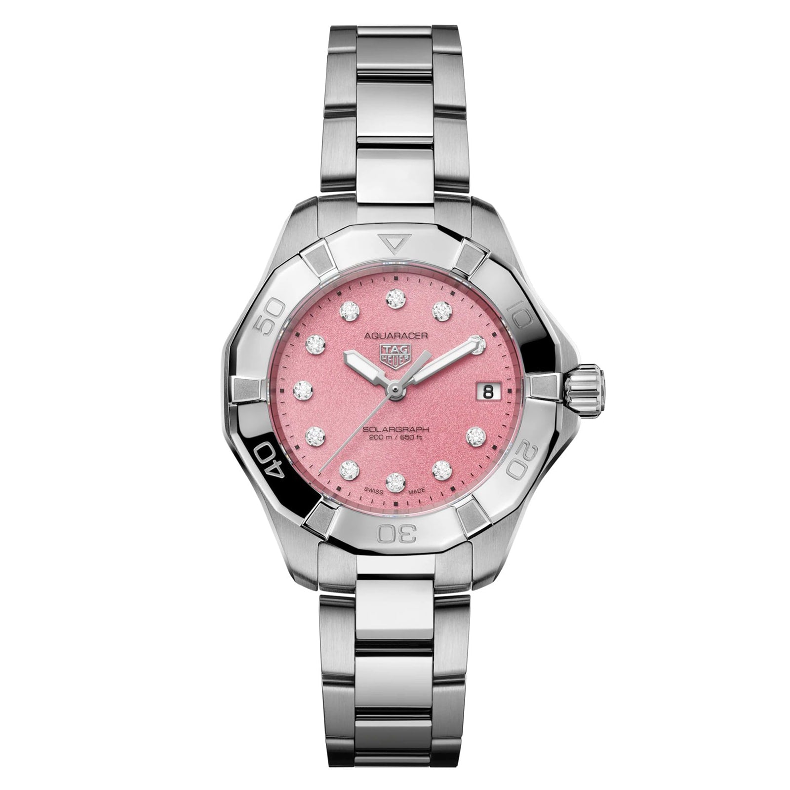Silver TAG Heuer Professional 200 Solargraph watch featuring a pink textured dial and diamond hour markers.