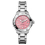 Silver TAG Heuer Professional 200 Solargraph watch featuring a pink textured dial and diamond hour markers.