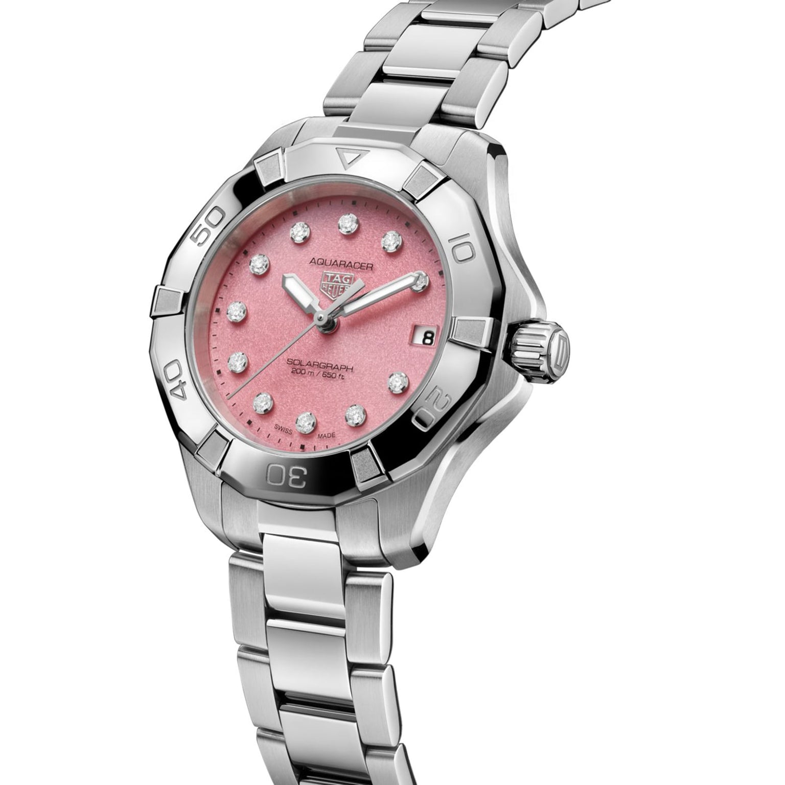 TAG Heuer Professional 200 Solargraph watch with a pink face, diamond hour markers, and a silver metal link band.