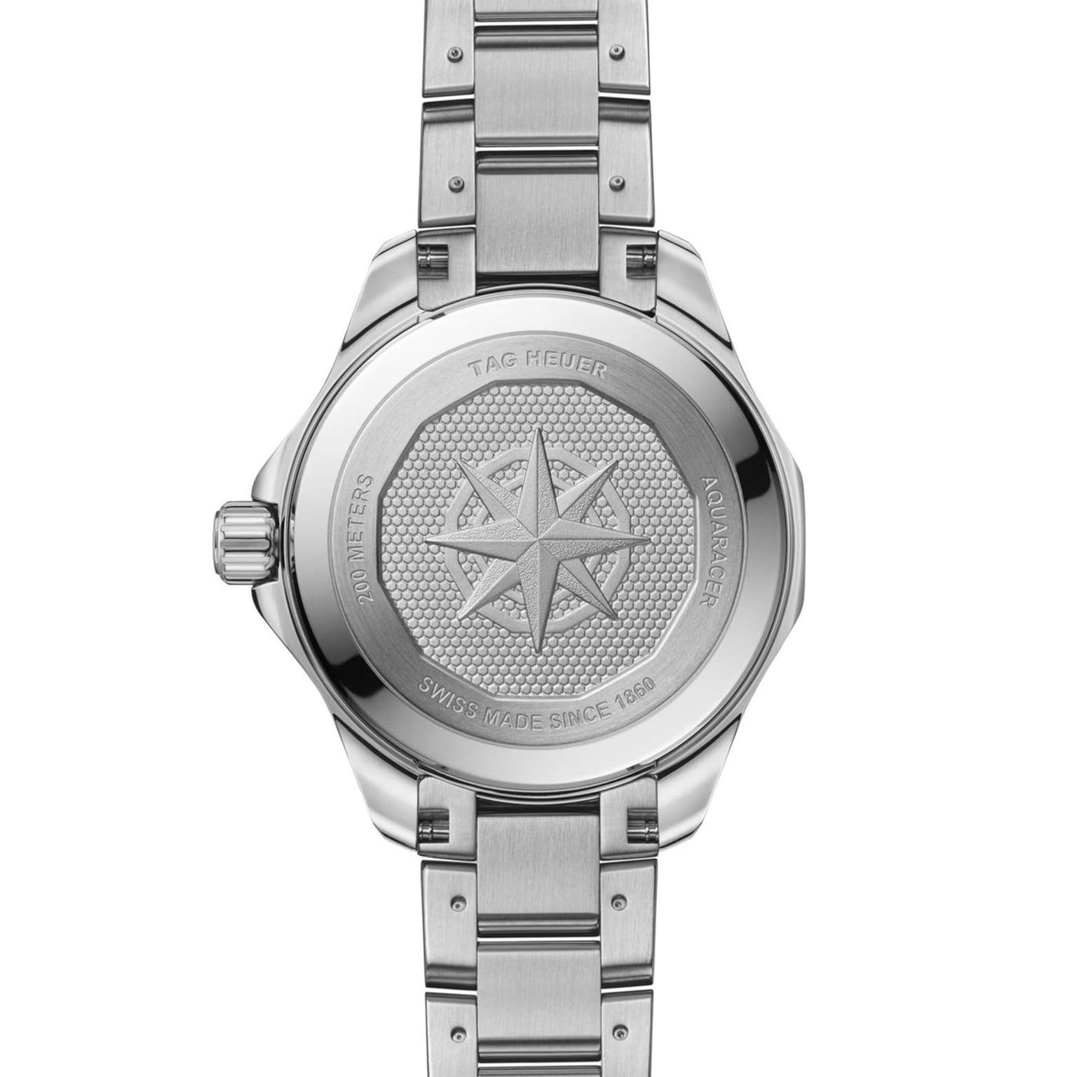 The silver TAG Heuer Professional 200 Solargraph watch back features an engraved compass rose and the text Swiss Made Since 1860.