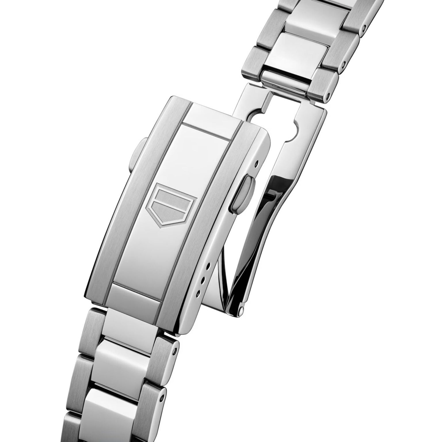 Close-up of the TAG Heuer Professional 200 Solargraphs silver metal clasp, featuring an engraved shield logo and partially open on its link bracelet.