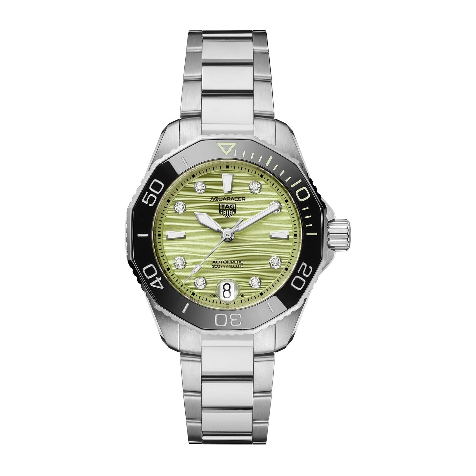 The TAG Heuer L SS AU BW AQUAR 300 36 GRN DD DL 25 features a silver case, green textured dial, diamond hour markers, and black bezel.