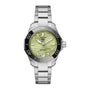 The TAG Heuer L SS AU BW AQUAR 300 36 GRN DD DL 25 features a silver case, green textured dial, diamond hour markers, and black bezel.