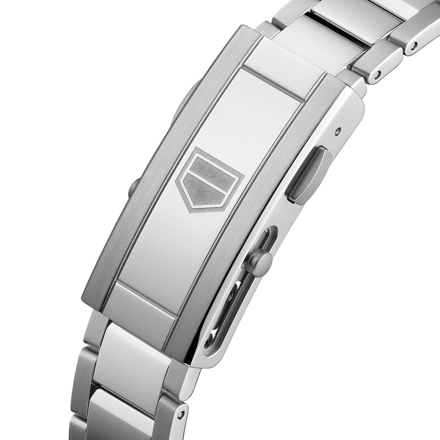 Close-up of a silver metal clasp on the TAG Heuer L SS AU BW AQUAR 300 36 GRN DD DL 25 watch, featuring an engraved geometric logo.