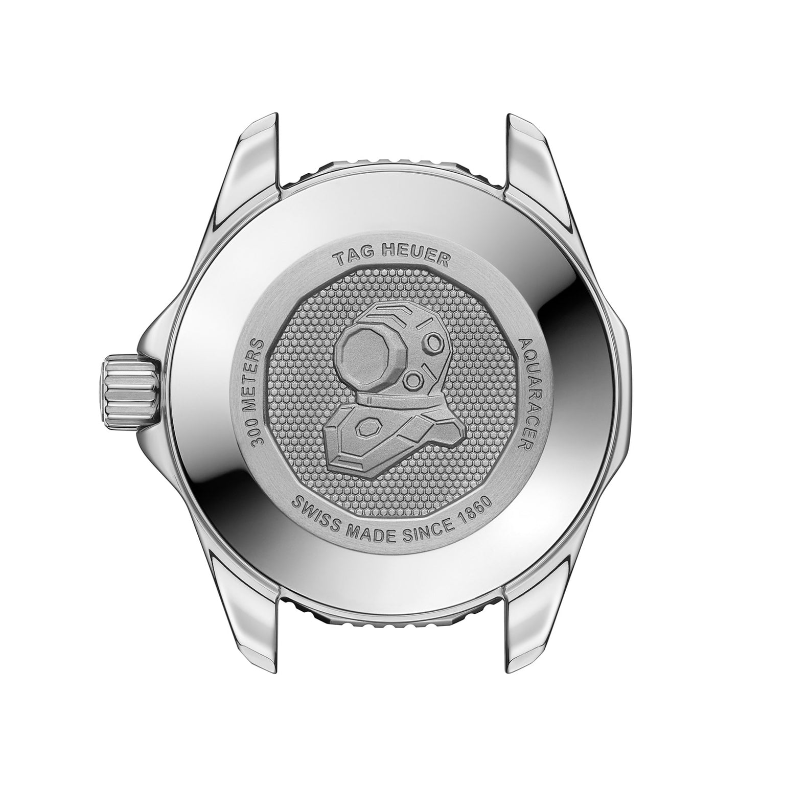 The back of a TAG Heuer L SS AU BW AQUAR 300 36 GRN DD DL 25 watch showcases an engraved diving helmet and technical details.