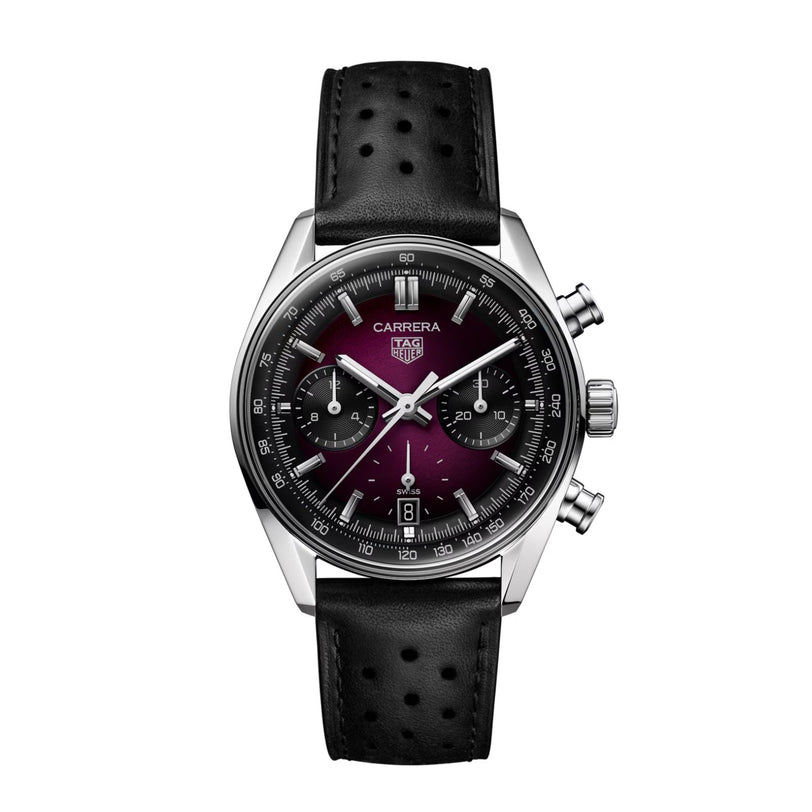 The TAG Heuer Carrera Chronograph features a stainless steel case, black perforated leather strap, smokey purple sunray brushed dial with three subdials, date window, and silver markers.