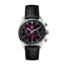 The TAG Heuer Carrera Chronograph features a stainless steel case, black perforated leather strap, smokey purple sunray brushed dial with three subdials, date window, and silver markers.