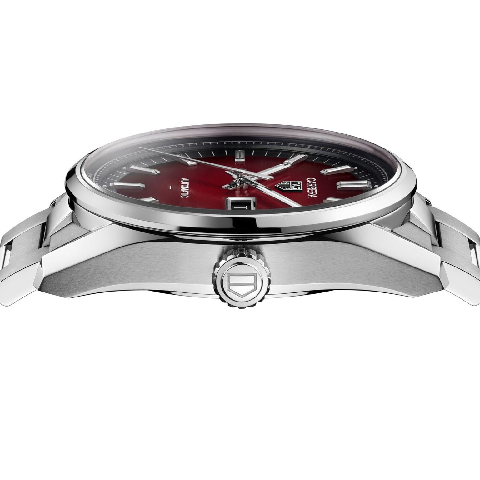Side view of the TAG Heuer Carrera Day-Date wristwatch, featuring a silver metallic strap and a red dial, displayed against a white background.
