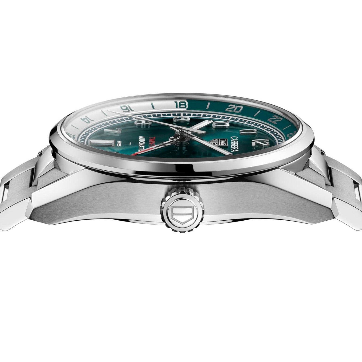 Side view of the TAG Heuer Carrera Date Twin-Time, a stainless steel wristwatch with a green face and silver bezel, highlighting the crown and lugs.