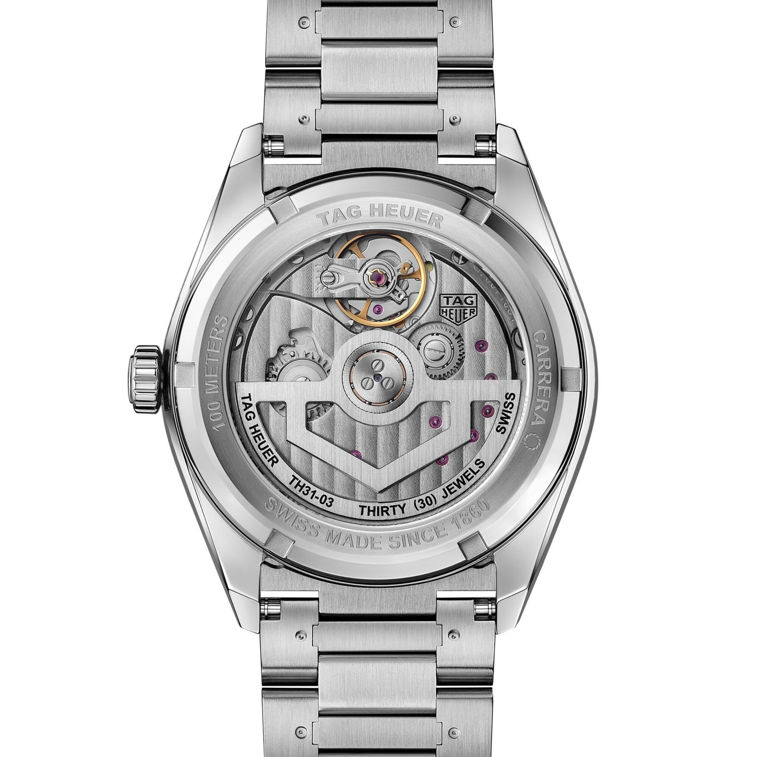 The back of the TAG Heuer Carrera Date Twin-Time watch reveals its automatic movement and engraved details.