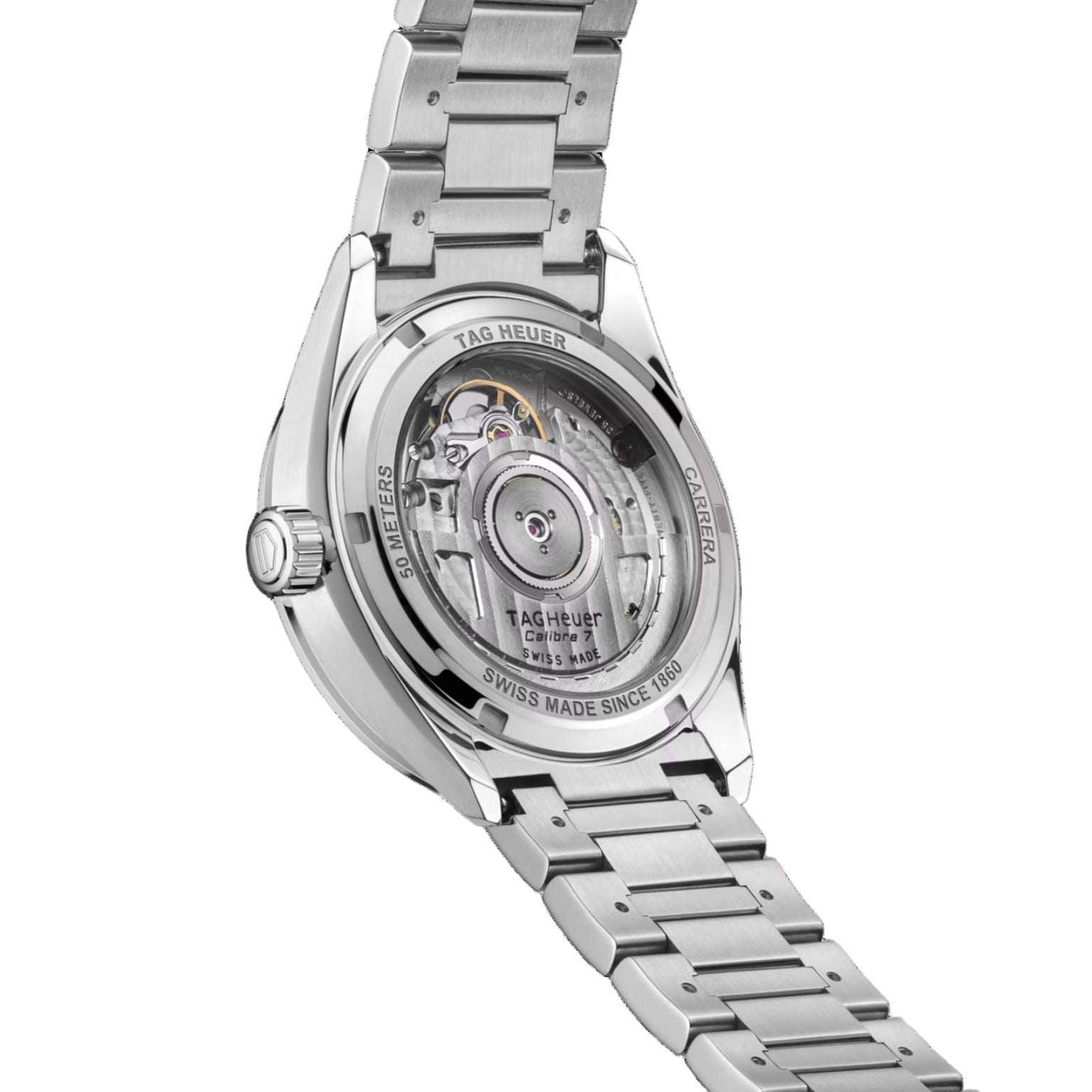 Back view of the TAG Heuer Carrera Date watch, highlighting its stainless steel bracelet and visible automatic movement.