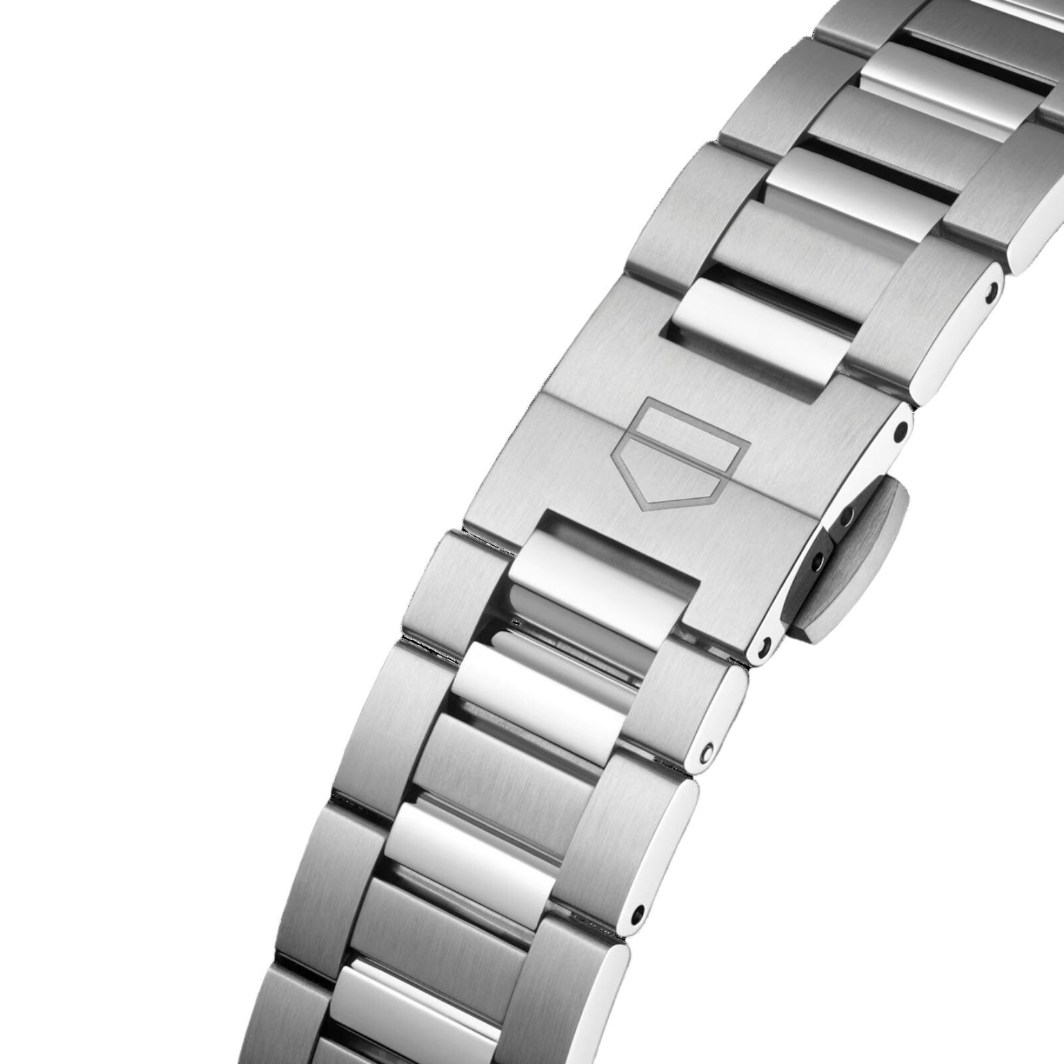 A close-up of the TAG Heuer Carrera Date stainless steel watch bracelet, featuring a shield logo engraved on the clasp.