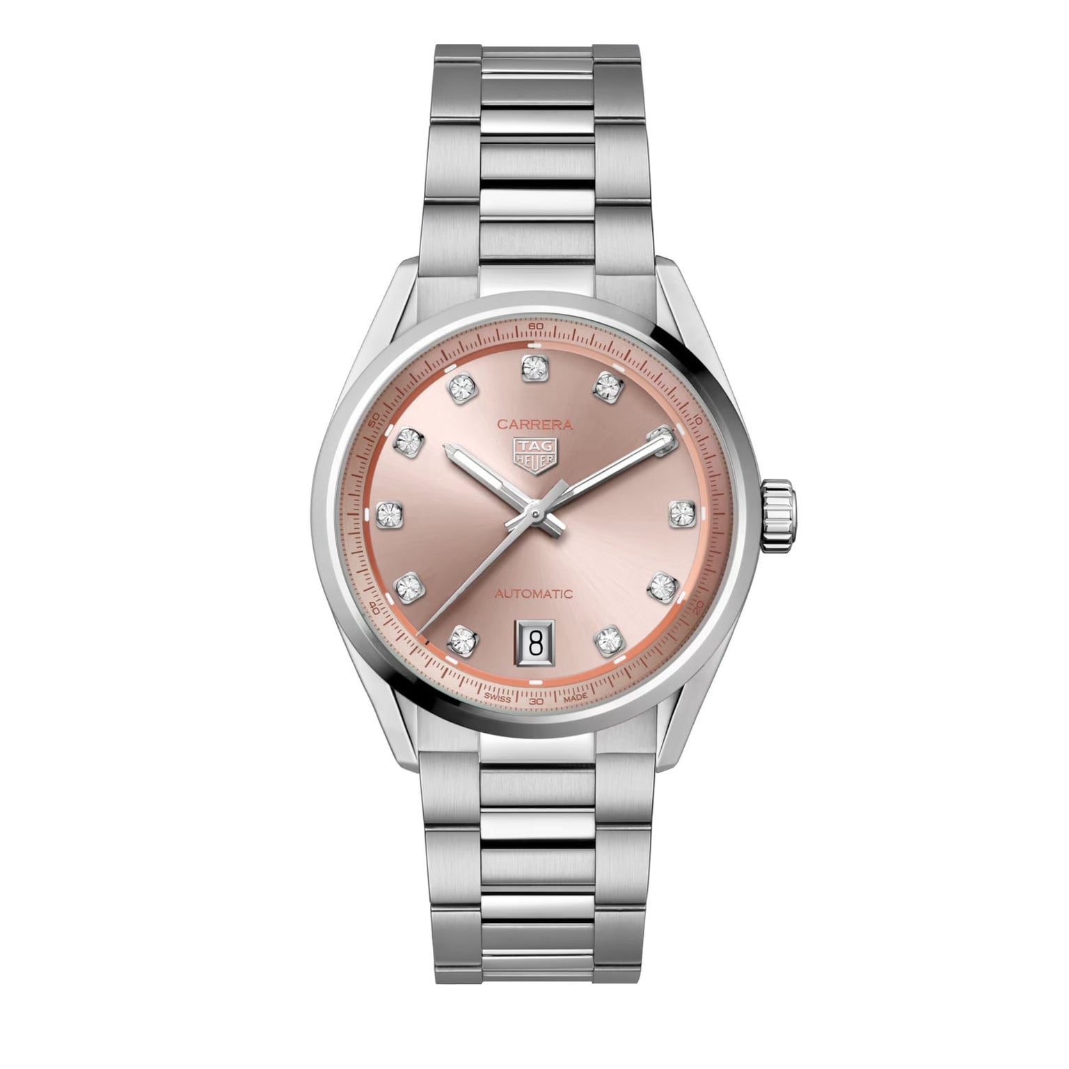 The TAG Heuer Carrera Date features a pink dial with diamond hour markers, date display, and a stainless steel bracelet.