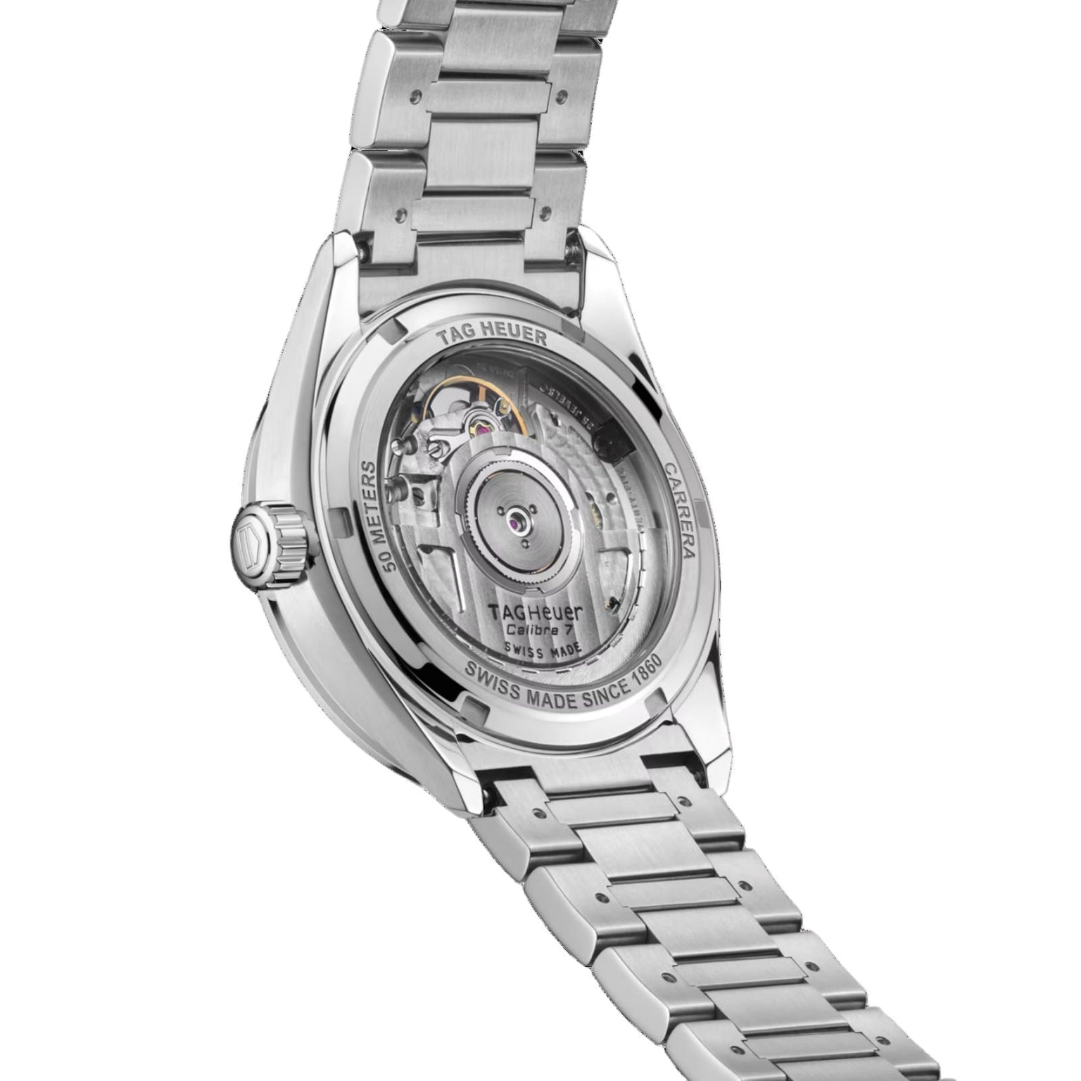 Close-up of the back of a TAG Heuer Carrera Date automatic watch, showcasing its visible mechanical movement and metal bracelet.