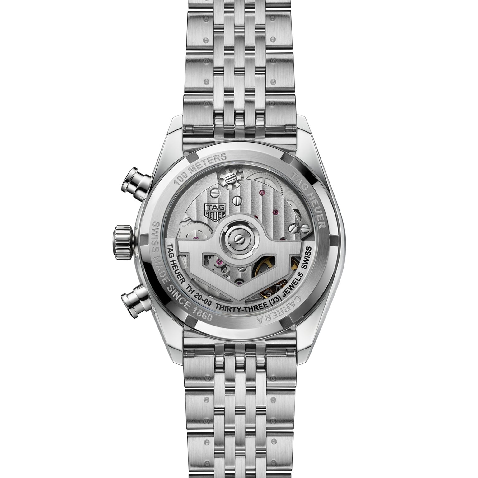 A close-up of the back of the TAG Heuer Carrera Chronograph showcases its visible mechanical movement in a stainless steel case.