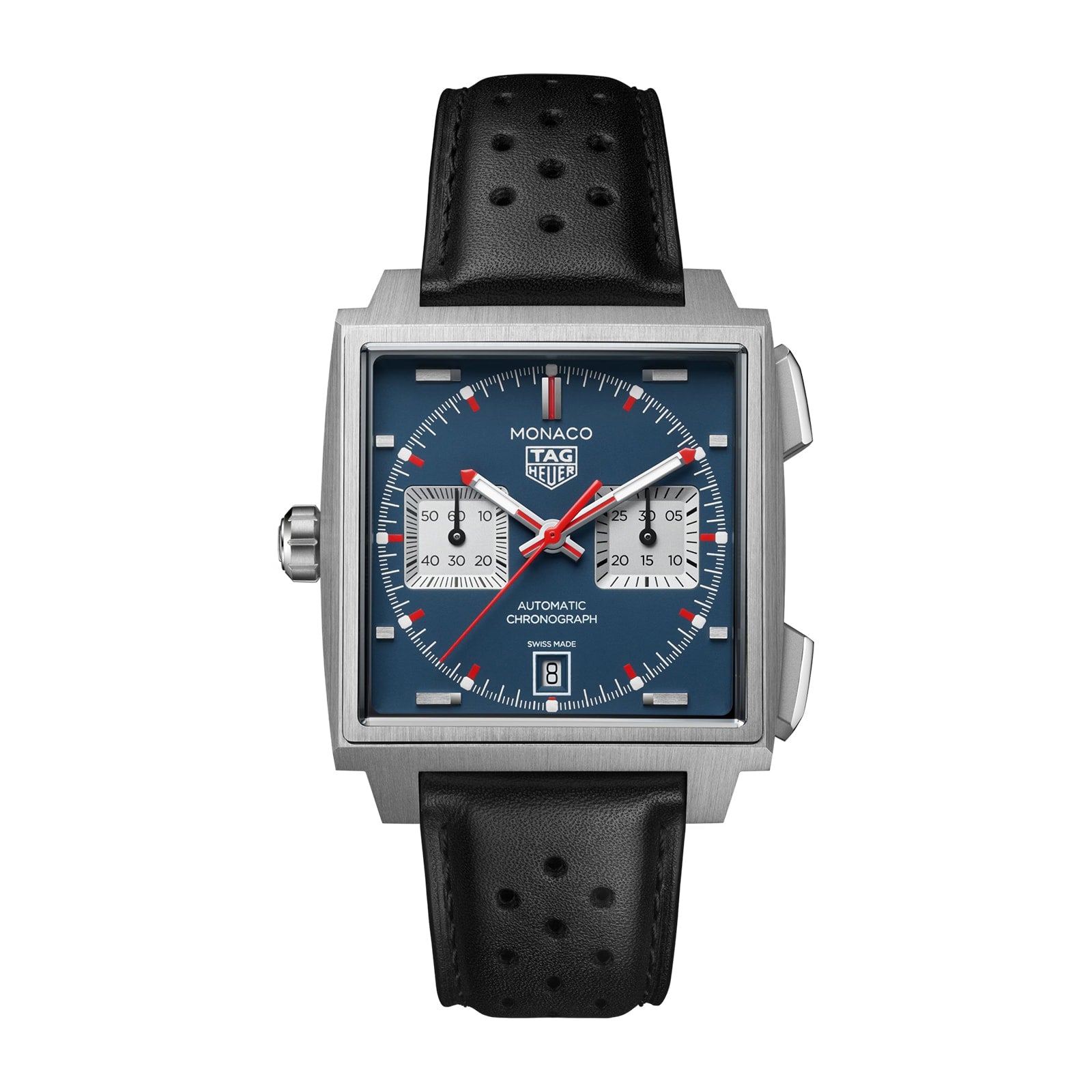 Square stainless steel chronograph watch with blue dial, white subdials, red hands, and perforated black leather strap.