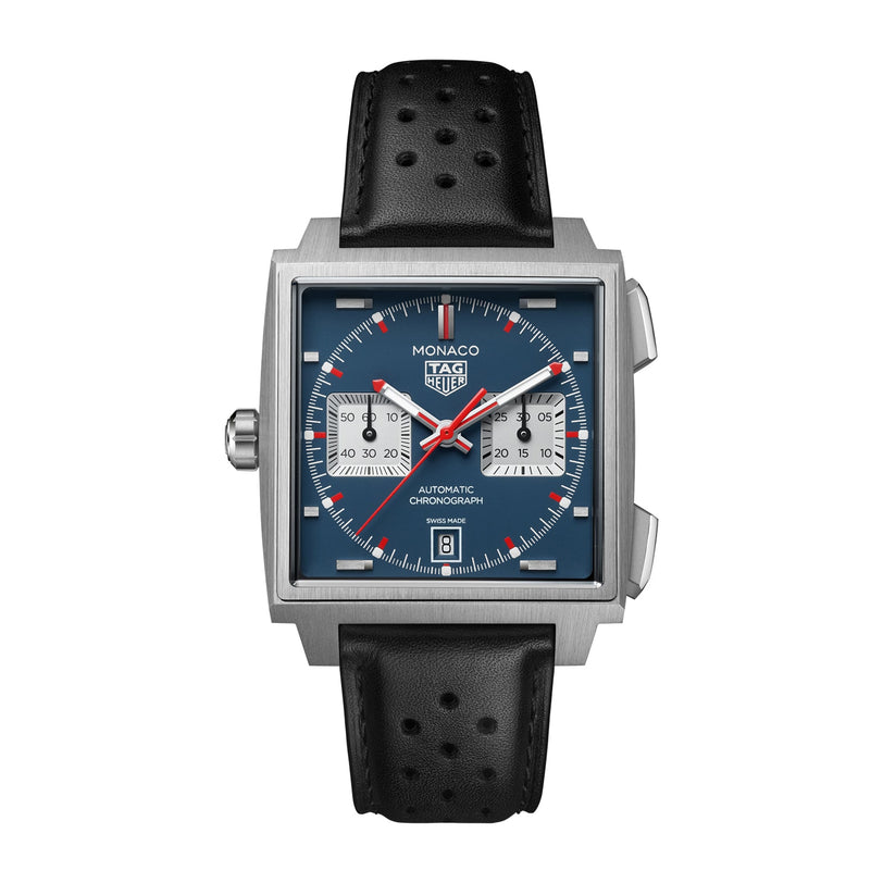 Square stainless steel chronograph watch with blue dial, white subdials, red hands, and perforated black leather strap.
