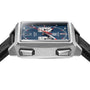 Square stainless steel chronograph watch with blue dial, red hands, and black leather strap.