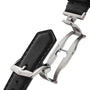 Black leather strap with stainless steel buckle and curved metal lugs for chronograph watch attachment.