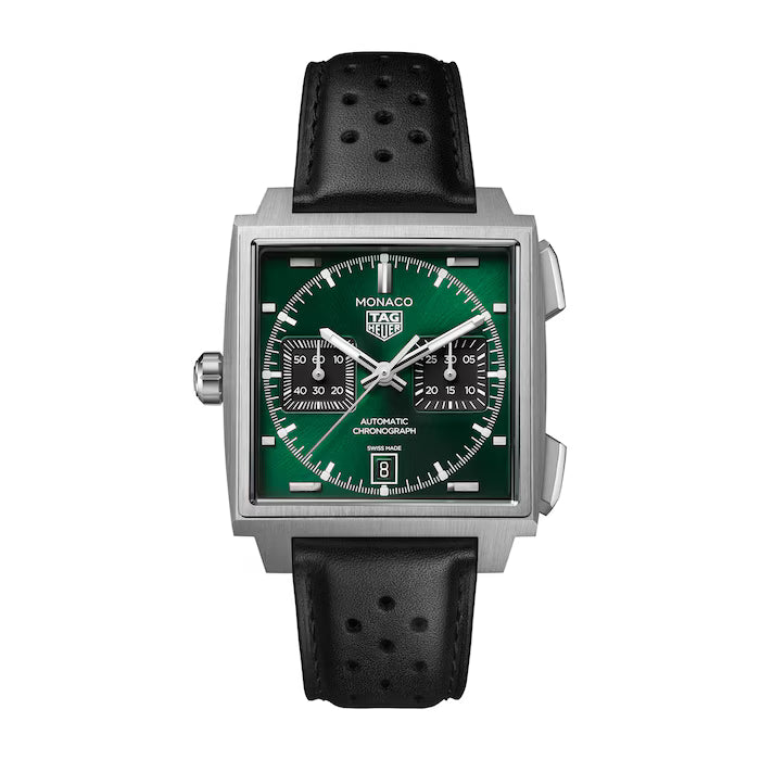 Square steel chronograph watch with green dial, black subdials, and black perforated leather strap.
