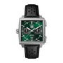 Square steel chronograph watch with green dial, black subdials, and black perforated leather strap.