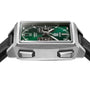Square stainless steel chronograph watch with green dial, white hands, and black leather strap.