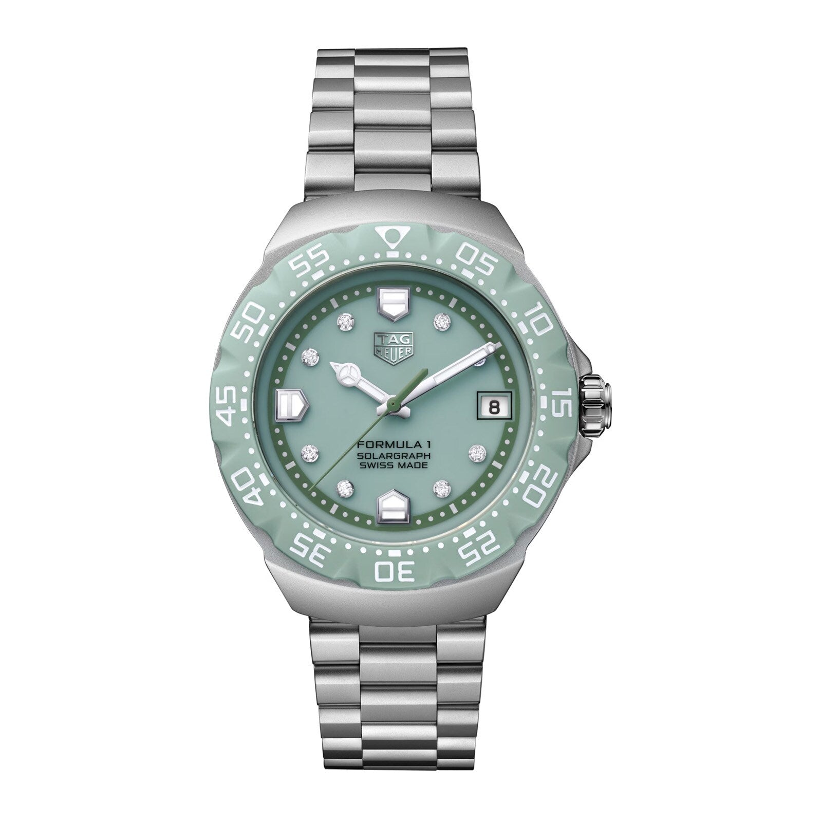 Watch with green dial and silver bracelet on a white background