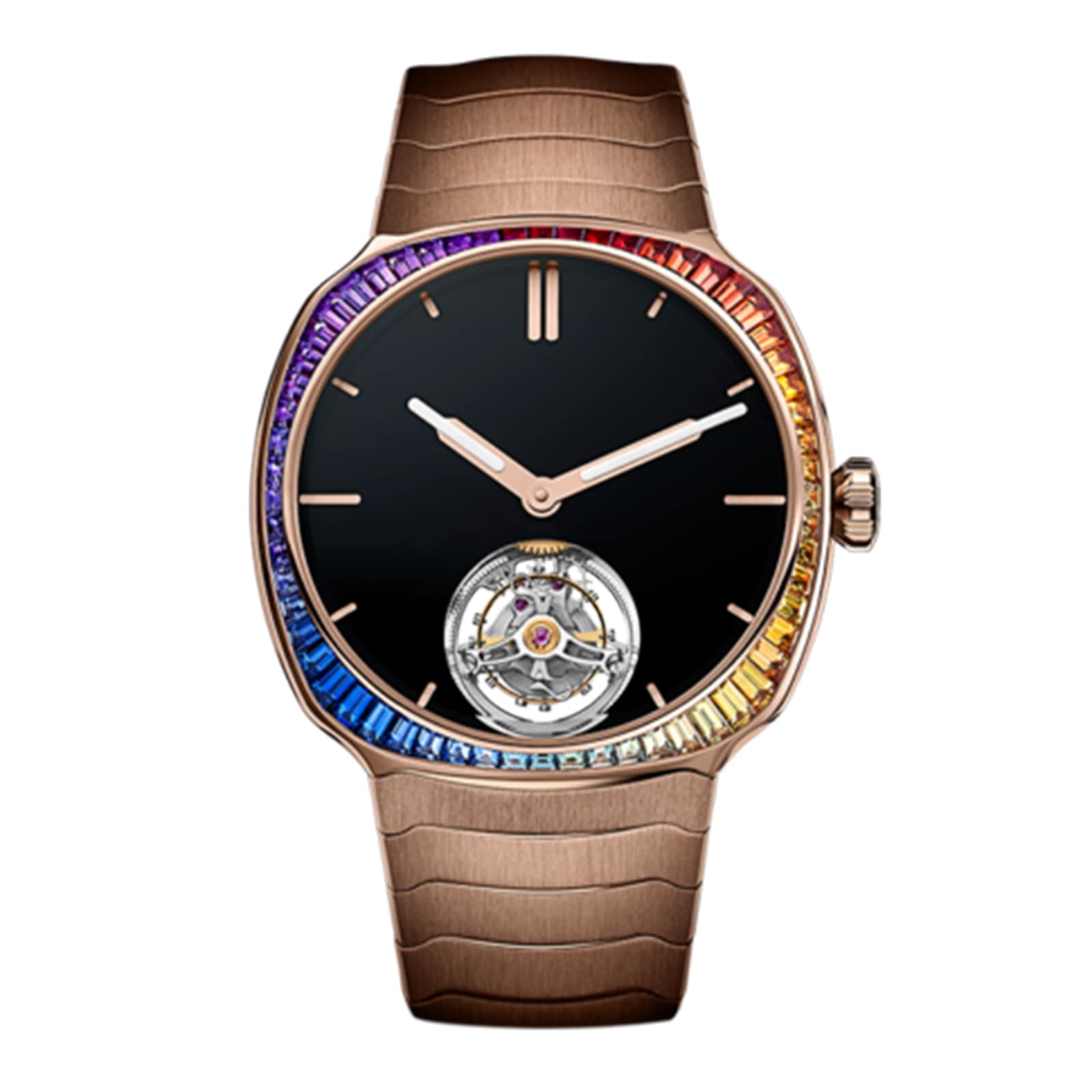 The H. Moser & Cie Streamliner Tourbillon wristwatch in red gold showcases a black dial, sapphire gemstone bezel, two hands, and an open tourbillon at 6 o’clock.