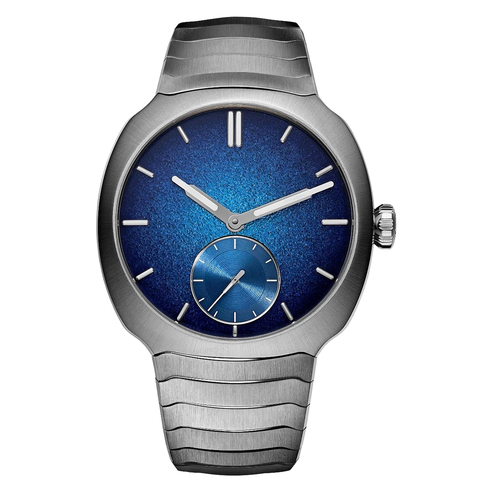 The Streamliner Small Seconds Blue Enamel by H. Moser & Cie features a sleek metal bracelet, metallic blue dial, and silver hour markers in a refined silver wristwatch design.